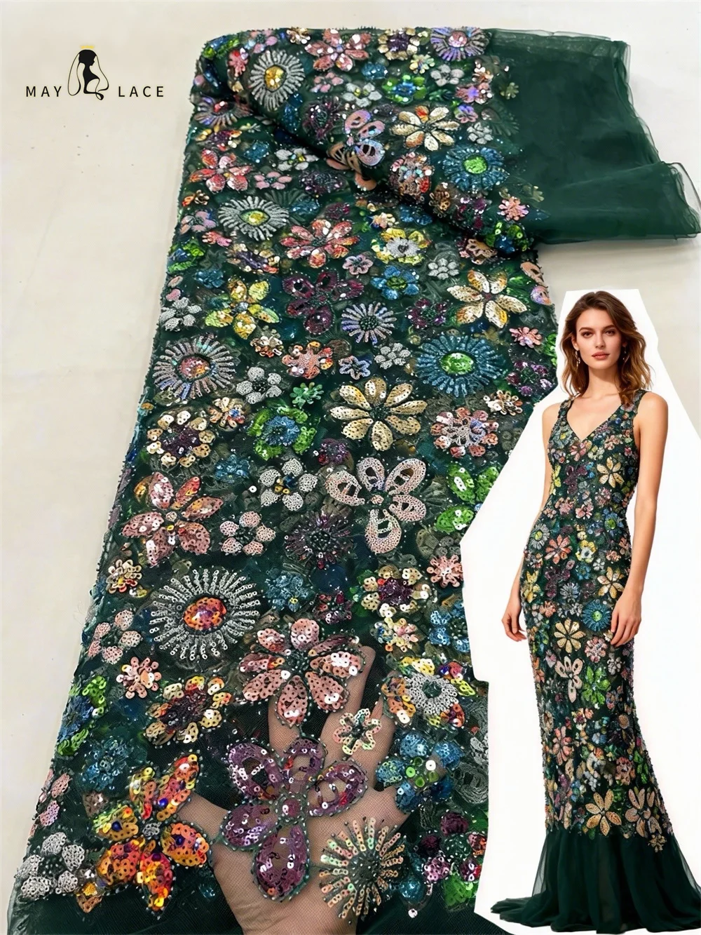 

Green African Tulle Lace Fabric 2026 French Sequins Fabric Sewing Embroidery With Beads Lace Tulle Mesh Nigeria Dress 5 Yards