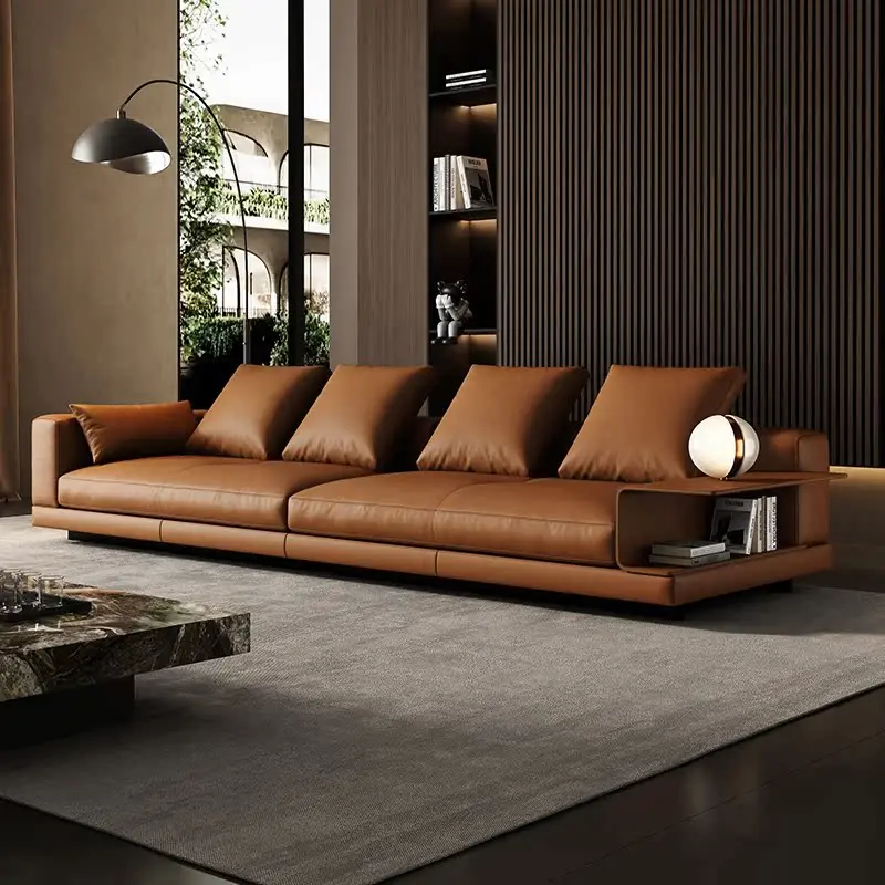 #Premium First-Layer Cowhide Genuine Leather Italian Designer Straight-Row Floor Sofa Large Flat Minimalist Living Room Furnitur