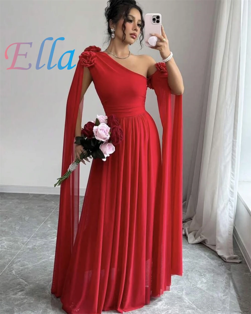 Robe de soirée en mousseline de soie rouge gracieuse personnalisée, asymétrique épaule dénudée, robes à fleurs, robe de bal délicate avec traîne à balayage, 2025