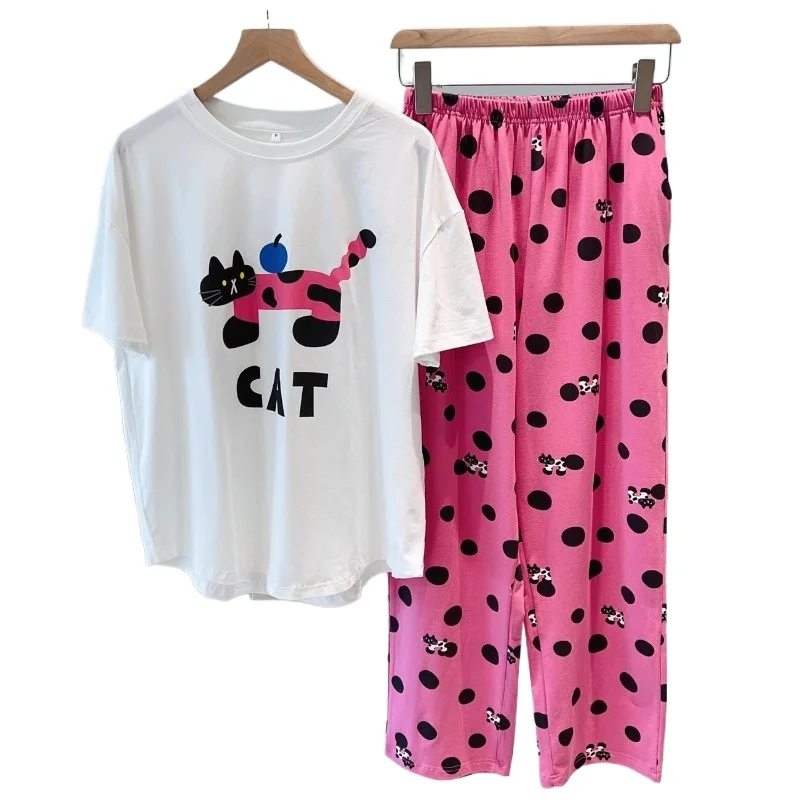 

Новинка 2026: Милый пижамный комплект для женщин на весну-лето с мультяшным котом и горошком, короткий рукав, свободные брюки, домашняя одежда