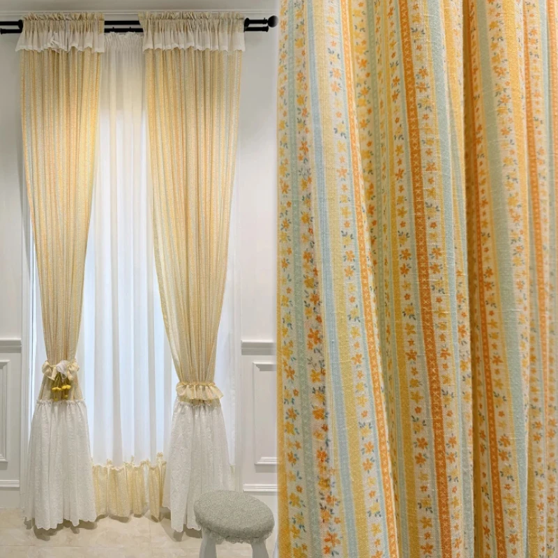New Retro Countryside Floral Yellow Gauze Curtain with Skirt Stitching Curtains for Bedroom Living Room Balcony Bay Window