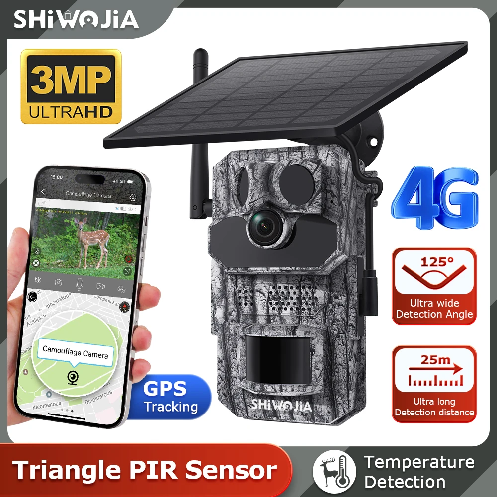 shiwojia camera solar de caca com gps camera de visao 360 camuflagem wifi sem brilho bateria monitoramento de animais 3mp 4g 940nm 01