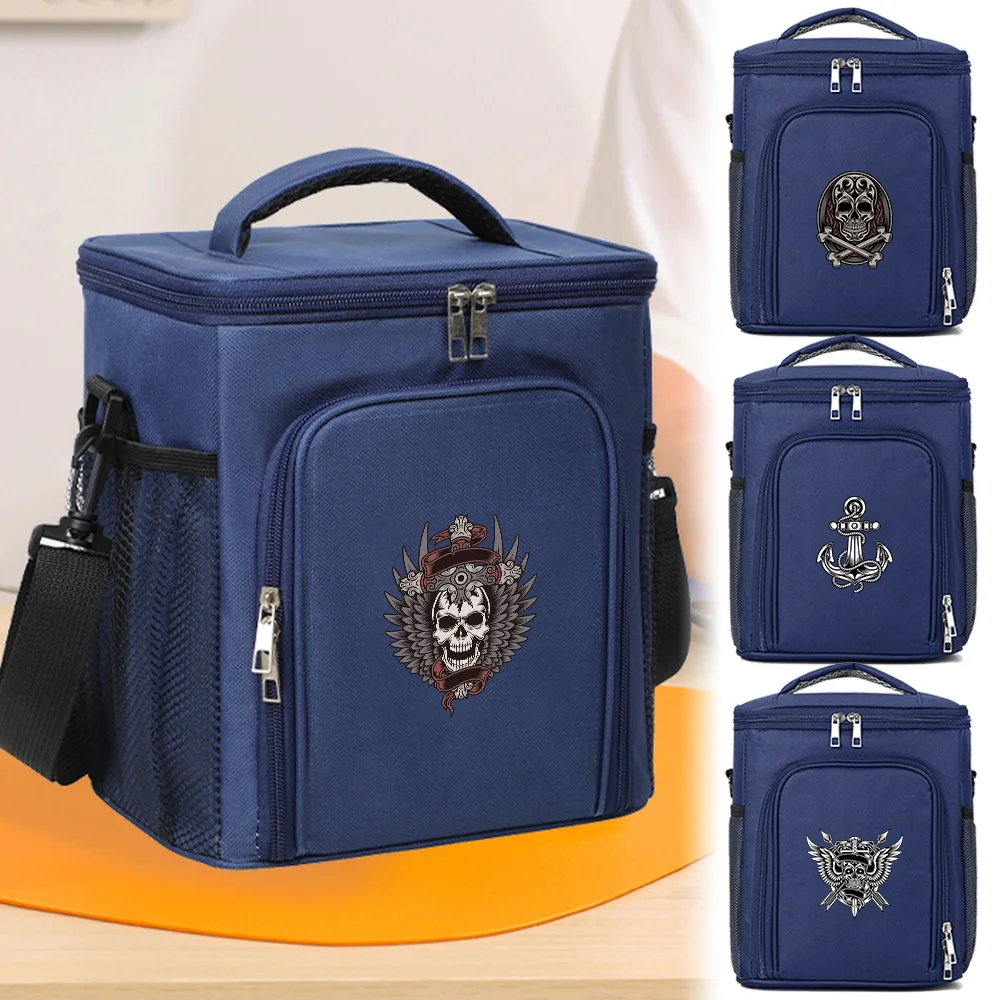 

Ice Pack Food Tote Lunch Bag Outdoor Organizer Case Skull Printing Series Dark Blue Insulated Bags Front Opening Double-layer