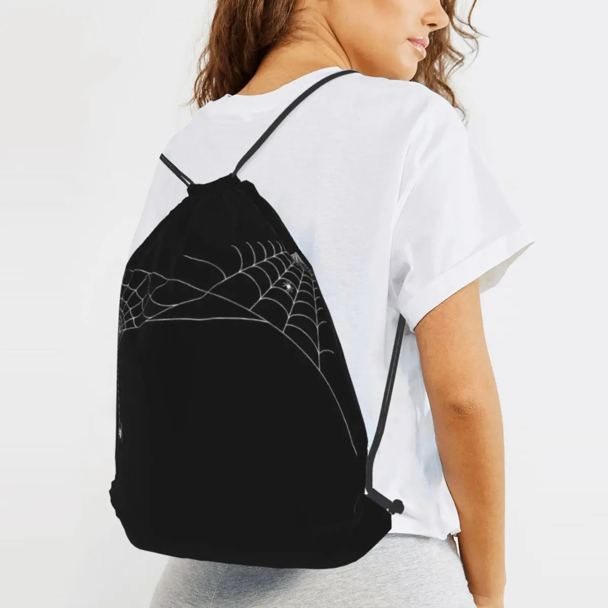 Black White Spider And Cobweb Backpacks Portable Drawstring Bundle Pocket Sports Bag Book Bags for Travel School