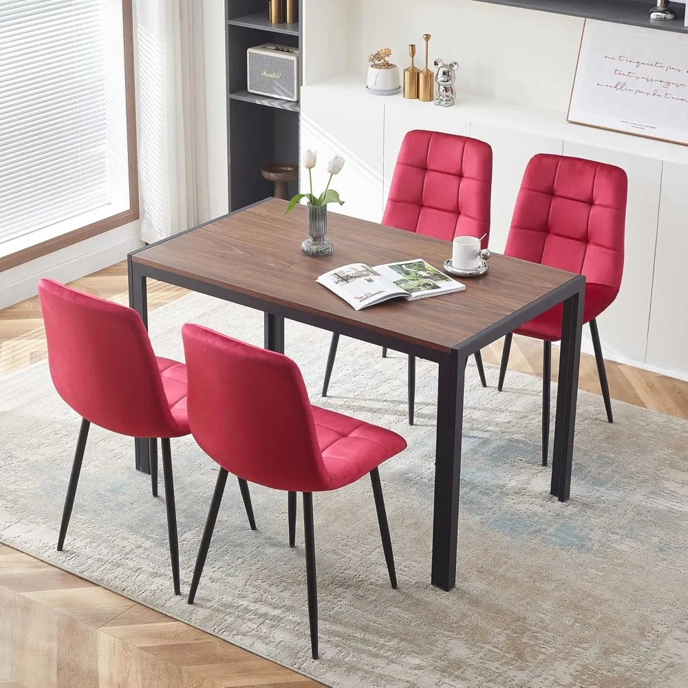 Modern Dining Room Set for 4, 5 Pieces Dining Table Set, Solid Walnut Table Imitation Wood with Sturdy Metal Frame&Legs