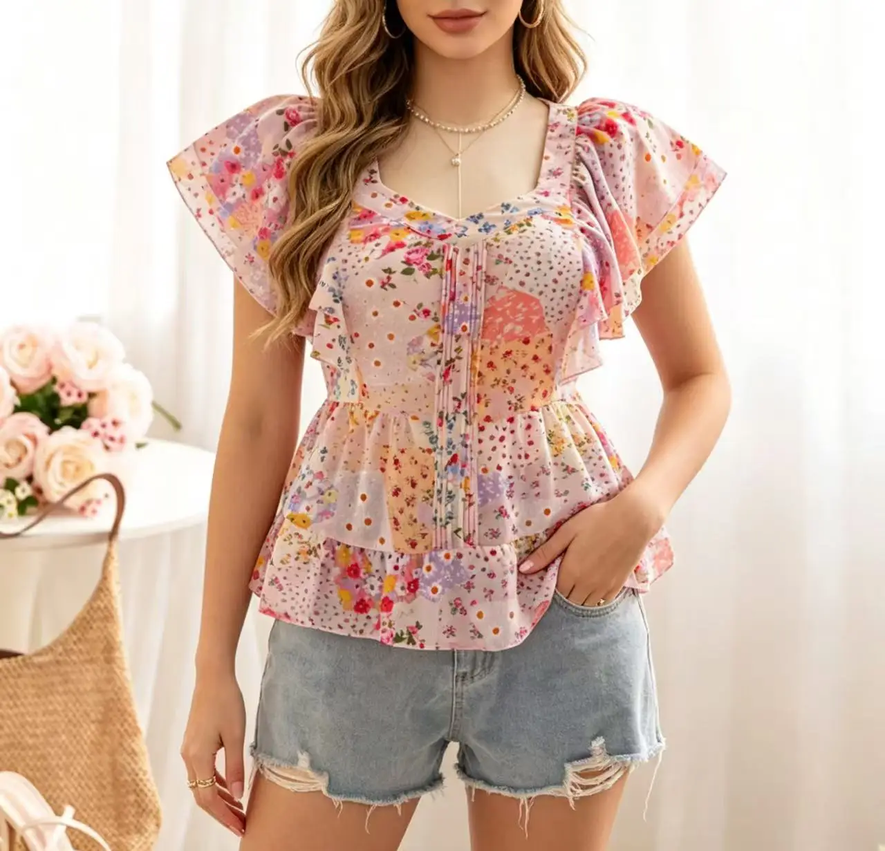 

Plus Size Women's Niche Design Small Floral Ruffled Lace Trim Ruffle Sleeve New Stylish Sweet and Spicy Girl Top Shirt