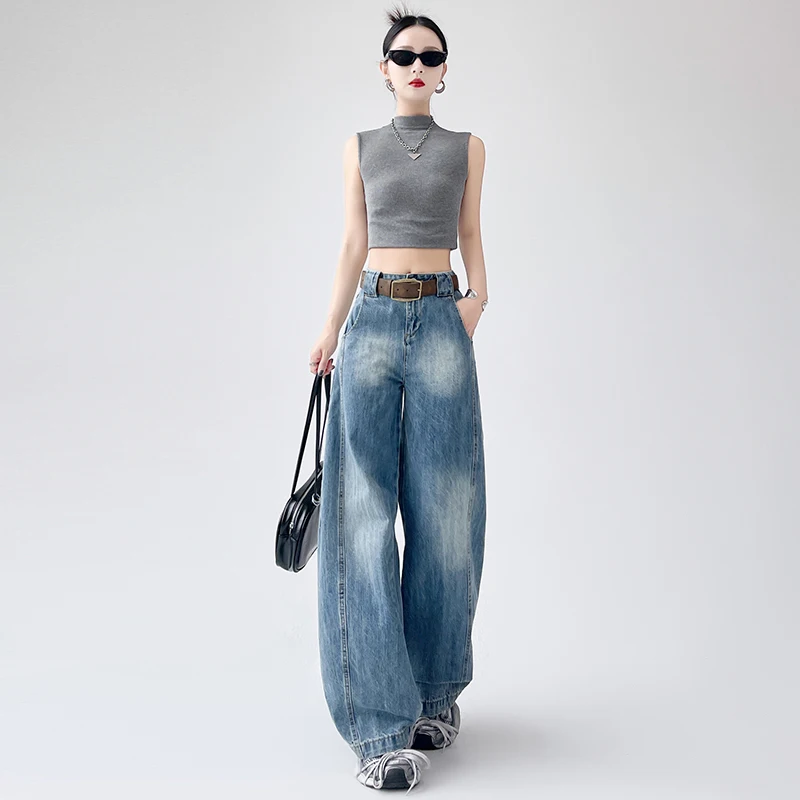 جينز ذو سكين منحني فضفاض من الخيزران مع إحساس تصميم أنثوي، سروال عالي الخصر فضفاض مستقيم الساق واسع الساق Y2K #4