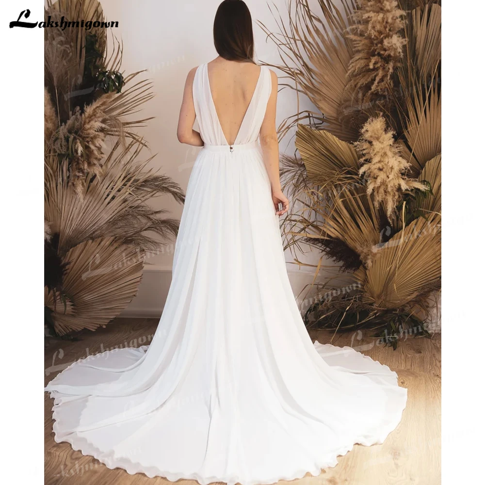 Lakshmigown Cổ V Voan Áo Cưới Với Khe Đơn Giản Đi Biển Cô Dâu Áo Ngủ Sexy Dây De Mariage 2023 Tự Làm