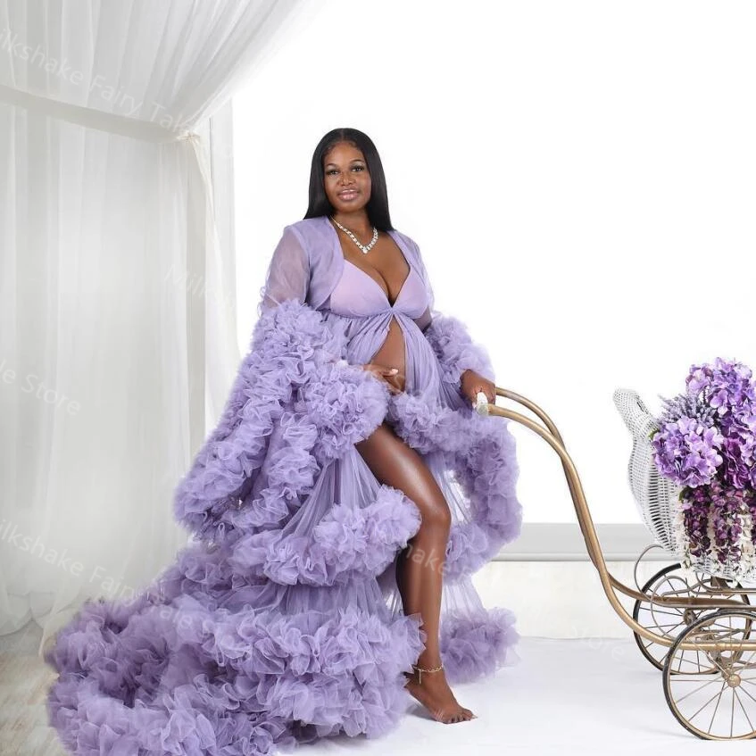 Extra Puffy Purple Maternity Robes for Photography A Line Tiered Ruffles Pregnant Women Dresses Long Train Baby Shower Gowns