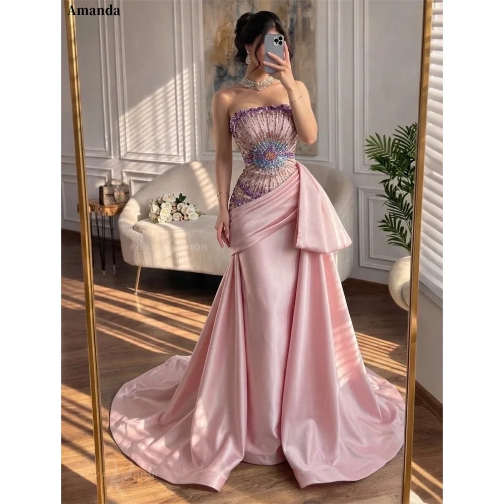 Amanda Customizd Strapless Beaded Satin Draped Mermaid Gown Evening dress Pink Sequin Rhinestone Luxurious Party dress Prom gown