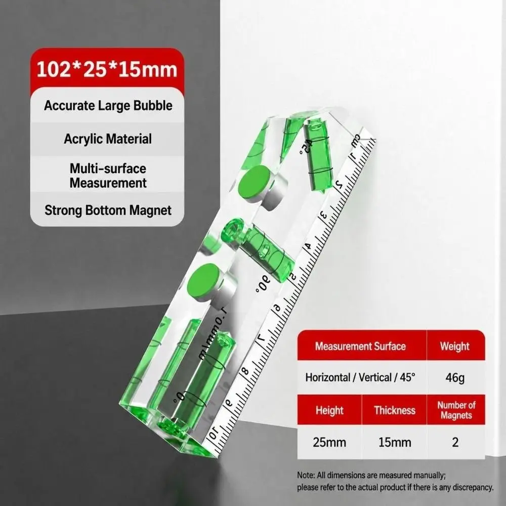 1PC Acrylic Mini Level Ruler Transparent Magnetic Spirit Level Horizontal Vertical High Precision Angle Measuring Tool