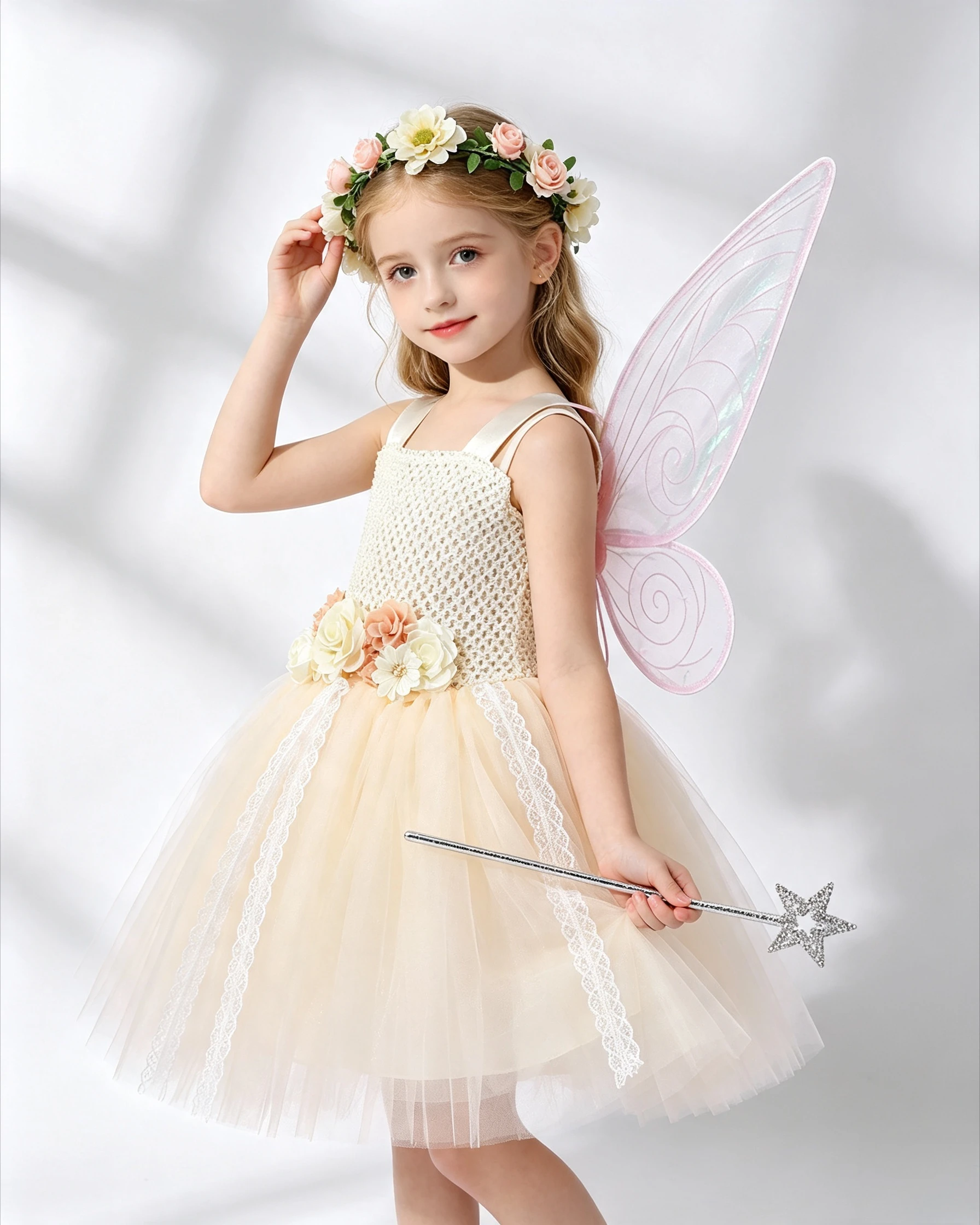 Halloween Girls Flower Forest Fairy Tutu Dress Tulle Gown Kids Holiday Party Stage Wear with Elf Wings Magic Wand Accessory Set
