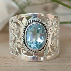 2026 Hollow Out Wide Ring with Oval Sky Blue Stone Trendy Accessories for Women Wedding Party Female Rings Statement Jewelry