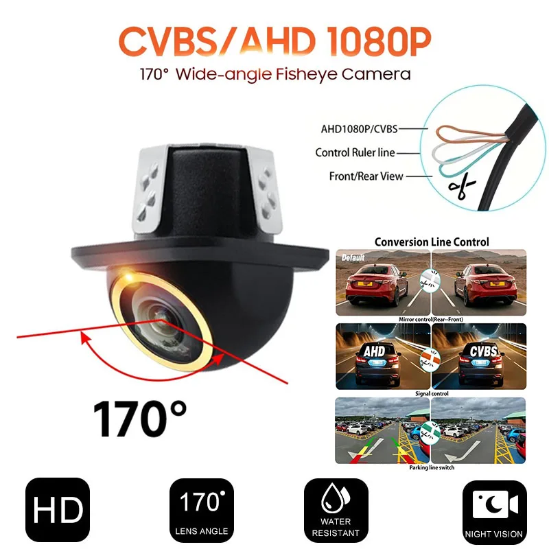 AHD 1080P Car Rear View Camera, 170° Fisheye Lens, Waterproof Backup Camera with Parking Lines, Universal Fit for Cars