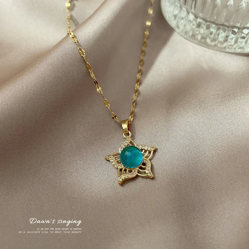 الفولاذ المقاوم للصدأ استشعار درجة الحرارة اللون تغيير الأزرق الأخضر كريستال قلادة زهرة المزاج حجر سلسلة قلادة للنساء #5