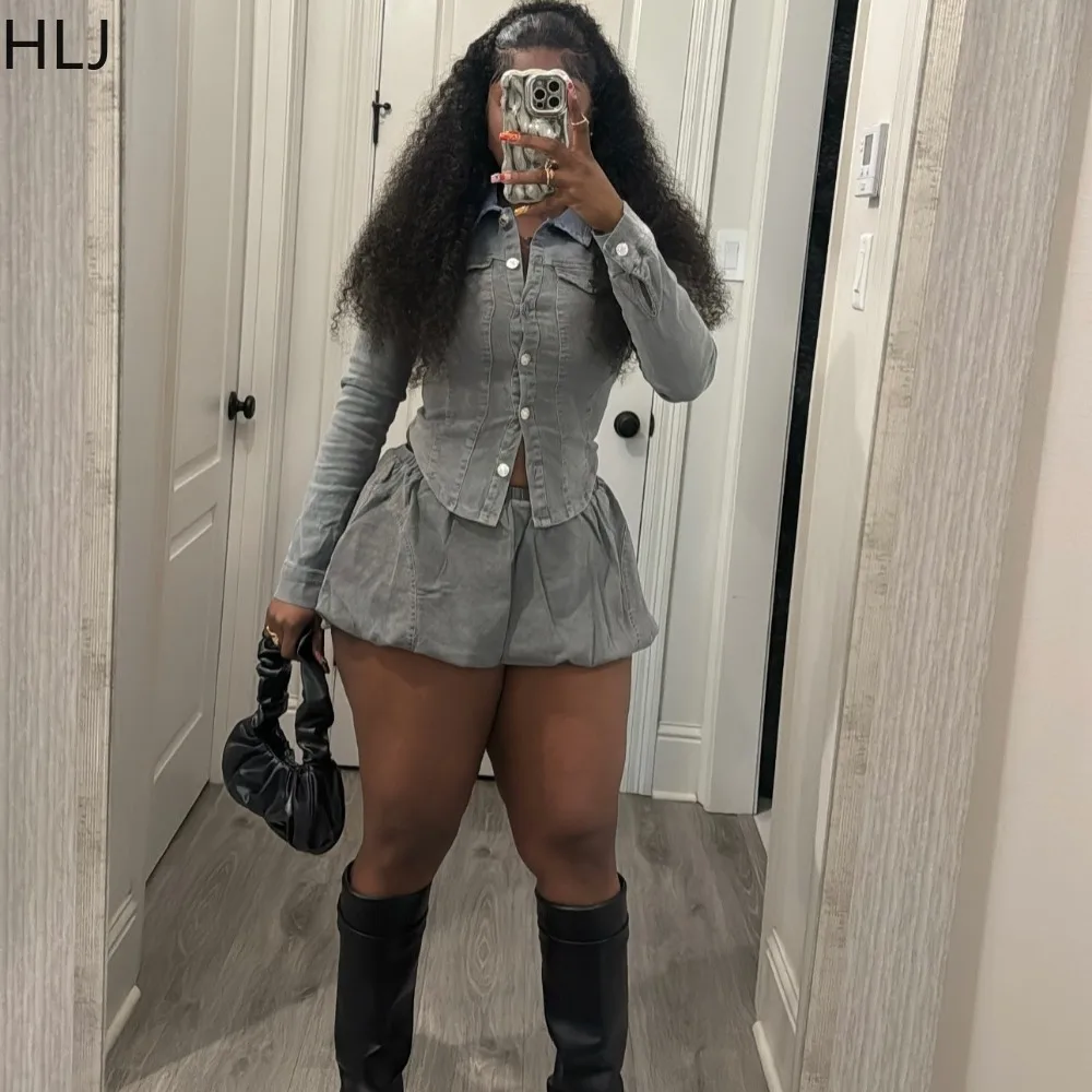 HLJ Sexy Denim 2 Piece Sets Woman Outfit Black Long Sleeve Zipper Crop Jacket Top and Mini Skirt Female Streetwear 2025 New