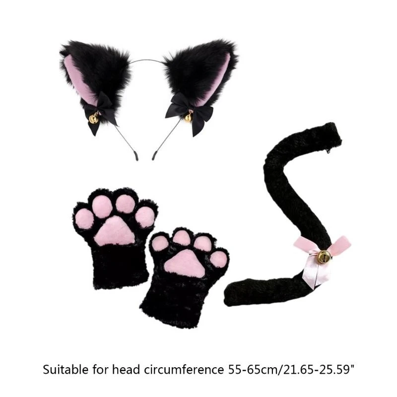 3/4pcs Katzen kostüm für Kinder-Katzen ohren Stirnband Schwanz Schwanz Glocke Choler Handschuhe Halloween Party Tier Cosplay Zubehör – Detail 6