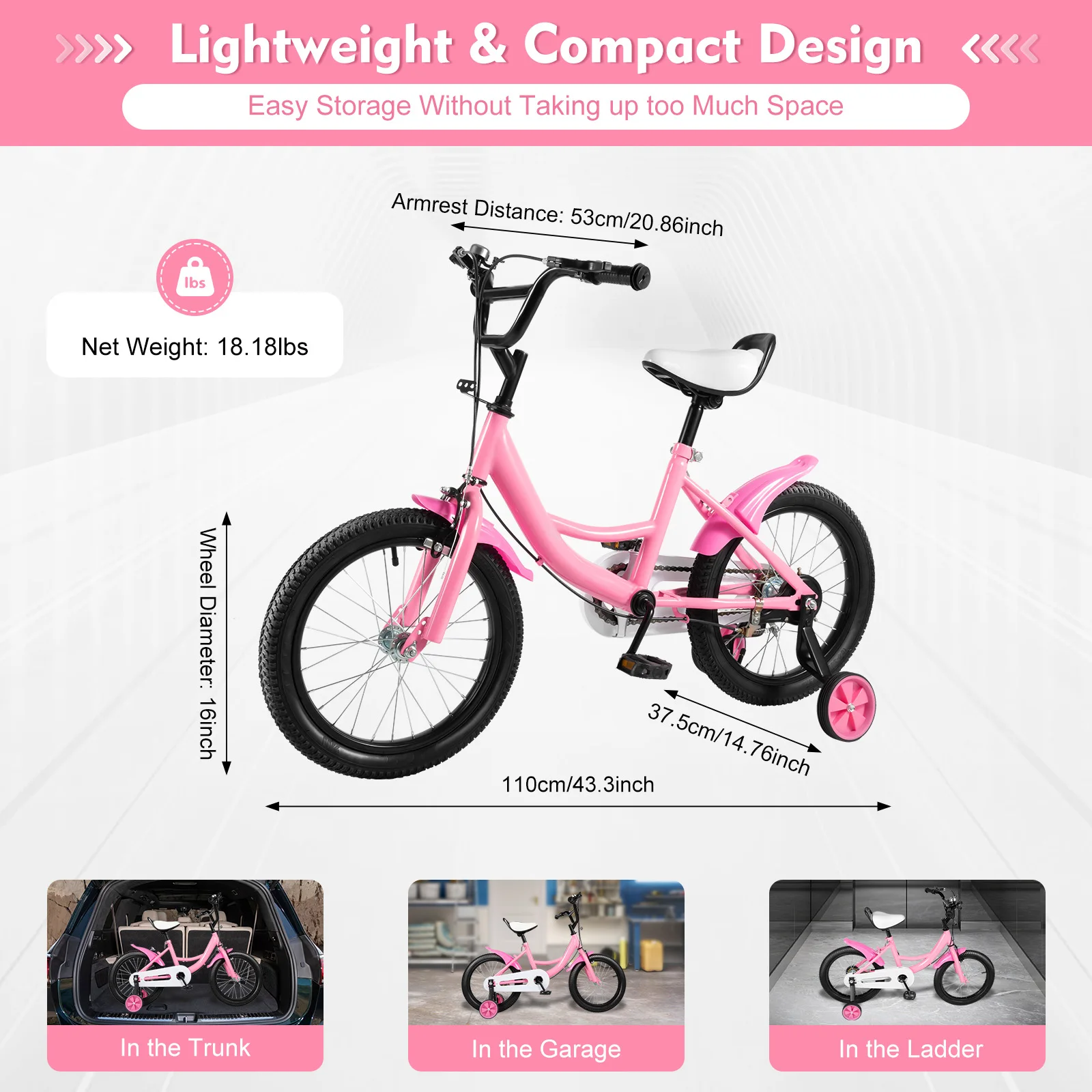 16 Inch Pink Children Bicycle Carbon Steel Frame Seat Armrest Adjustable Design Kid Bike for 5-8 Years Old Children