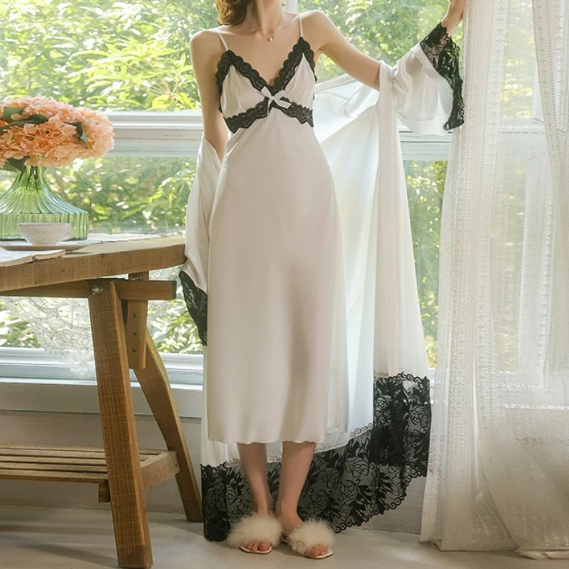 

Lace Contrast Satin Nightgown Suit Women's Hollow Back Long Multi-color Suspender Home Wear