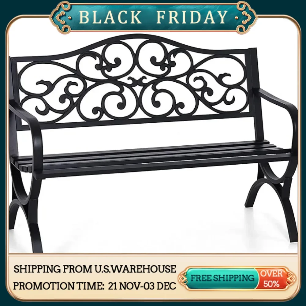

Outdoor Garden Bench, 48” Long Metal Steel Bench with Backrest and Armrests, Modern Slatted Design for Patio, Lawn, Yard, Porch