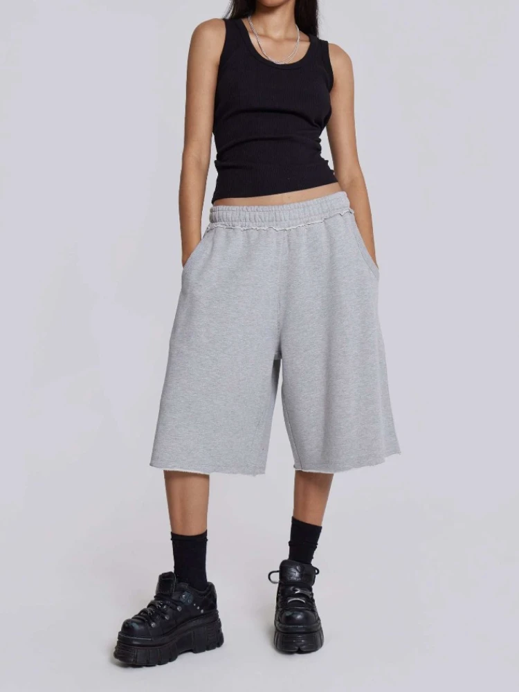 HOUZHOU Gray Baggy Jogger Shorts Women Casual Wide Leg Sport Shorts Oversized Basic Short Pants Female New Summer Streetwear