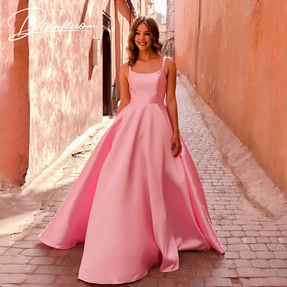 

Elegant Pink Square Collar Prom Dress 2026 Women Sleeveless A-Line Evening Dress Spaghetti Strap Pleat Party Dress Customized