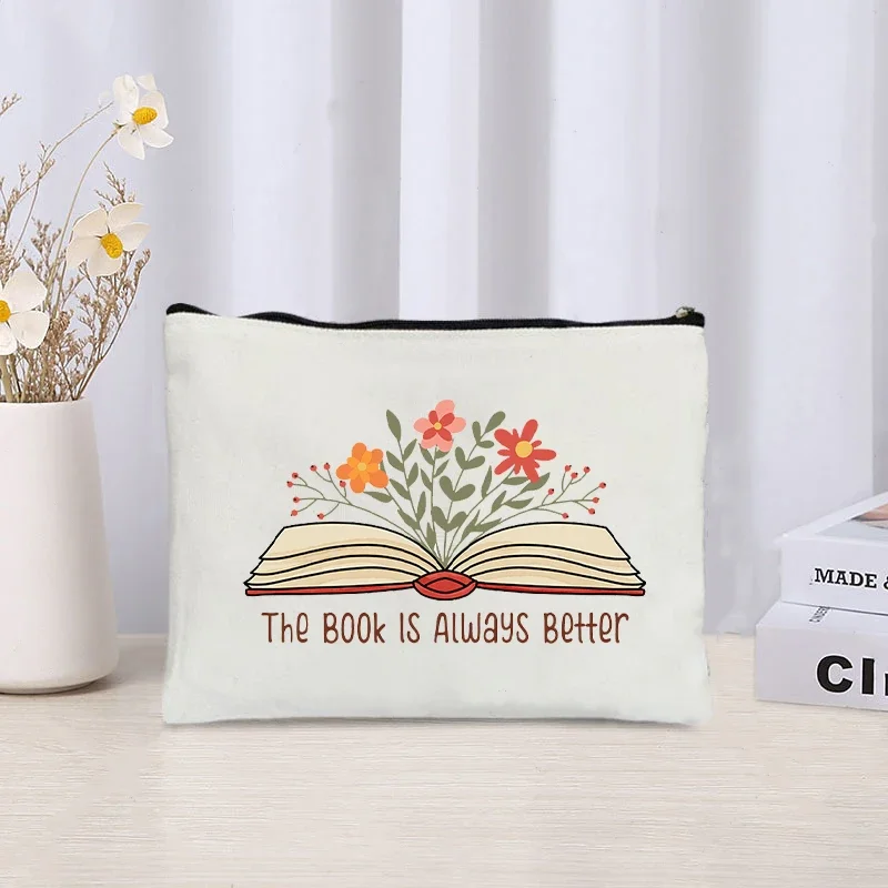 Book Pattern Canvas Pouch Reading Themed Cosmetic Bag Reusable Makeup Organizer For Book Enthusiasts
