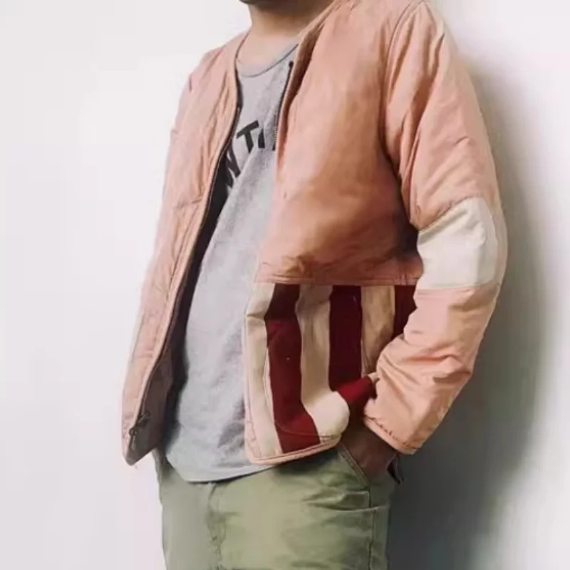 Men Collarless Quilted Liner Jacket, Loose Military Style Inner Coat, Zipper Casual Jacket with Striped Patch Pockets