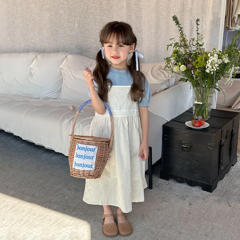 Girls Dress Causal Solid Children Holiday Style Summer New Girls Jacquard Cotton Camisole Skirt 2024 Cute Sweet Knitting