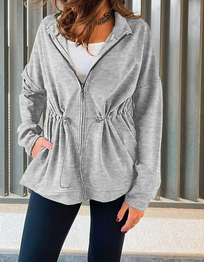 

Women's Coat Classic Spring and Autumn Fashion Sports Style Hoodie Solid Color Drawstring Waist Zipper Front Long Sleeve Coat
