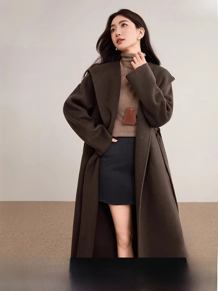 

Double-Sided Woolen Coat Women's Winter New Sle oulder-Drop Robe Long Length Wool Coat 00% Pure Color Commute Sle