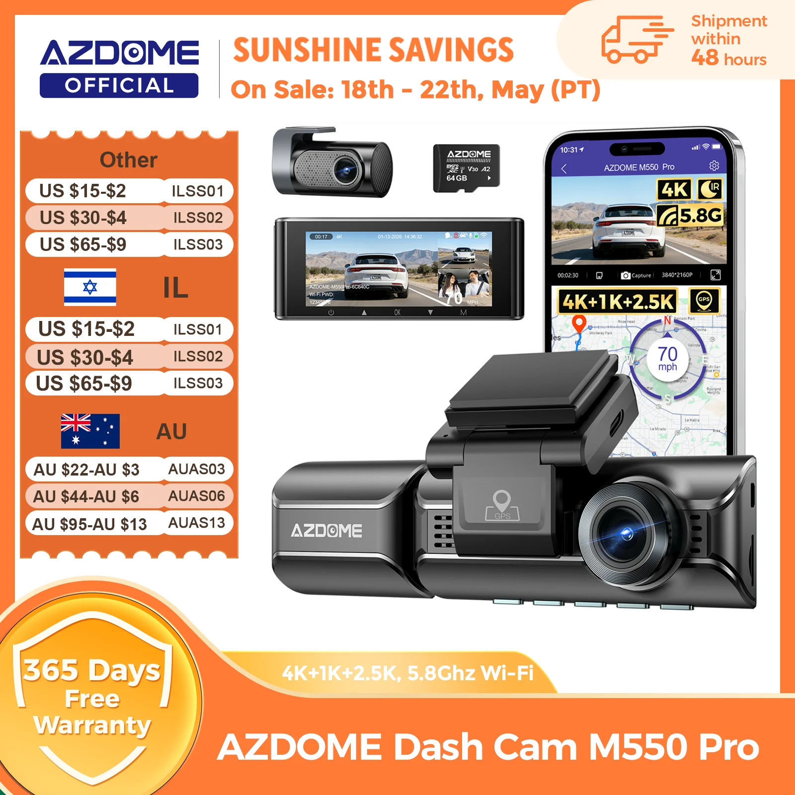 Mise à niveau AZDOME M550 Pro Dash Cam 4K Dashcam avant Auto 5.8Ghz Wi-Fi GPS g-sensor voiture DVR 6 IR Vision nocturne moniteur de stationnement