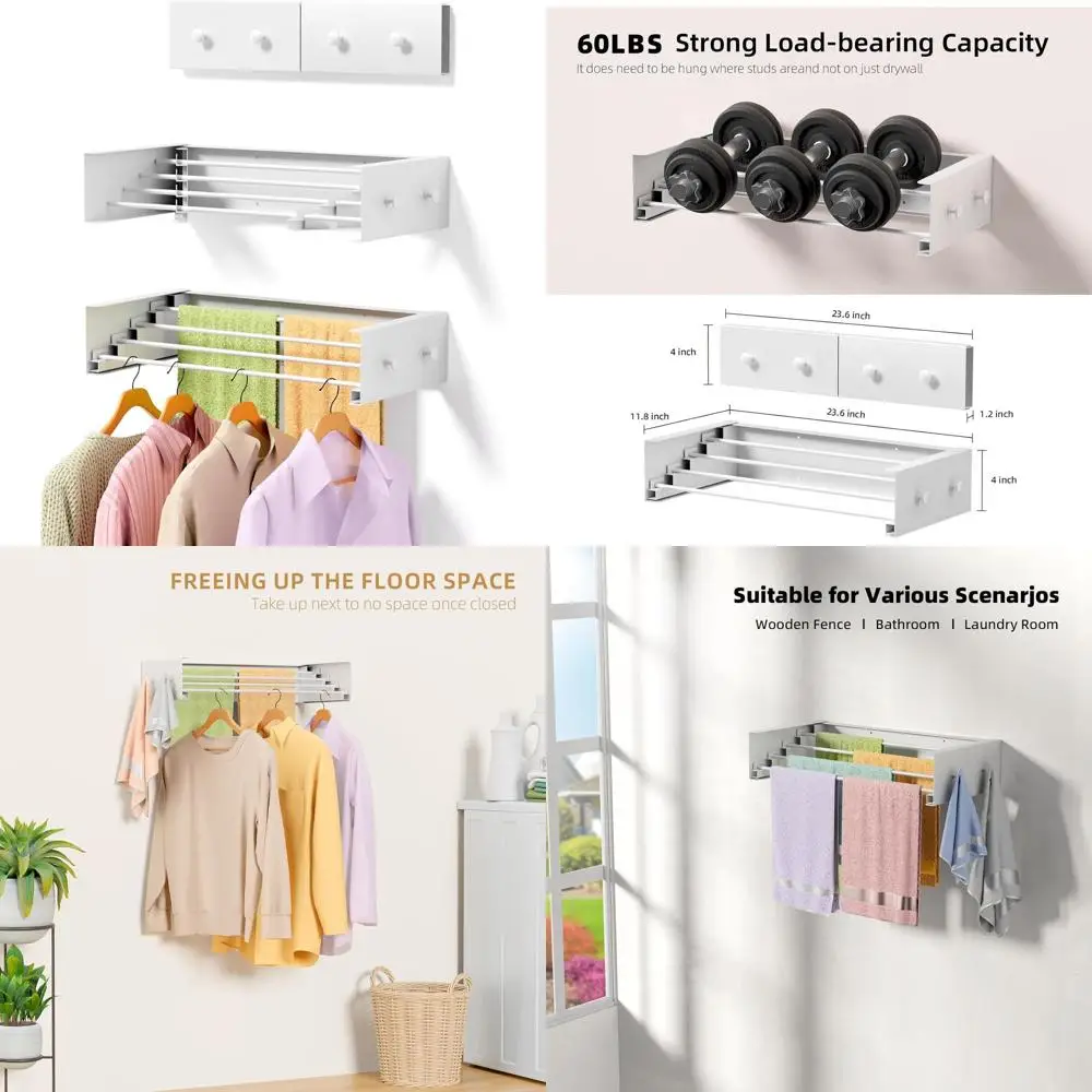 

Space-Saving 23.6 Collapsible Wall-Mounted Laundry Drying Rack with 4 Aluminum Bars and Hooks, White