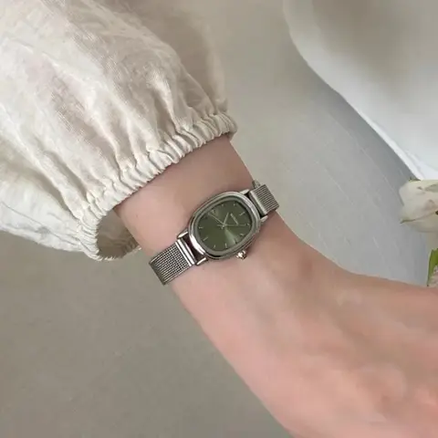 작은 타원형 녹색 다이얼 스테인리스 스틸 여성 손목시계 – 럭셔리 브랜드 쿼츠 시계, 간편한 드롭쉬핑 선물용
