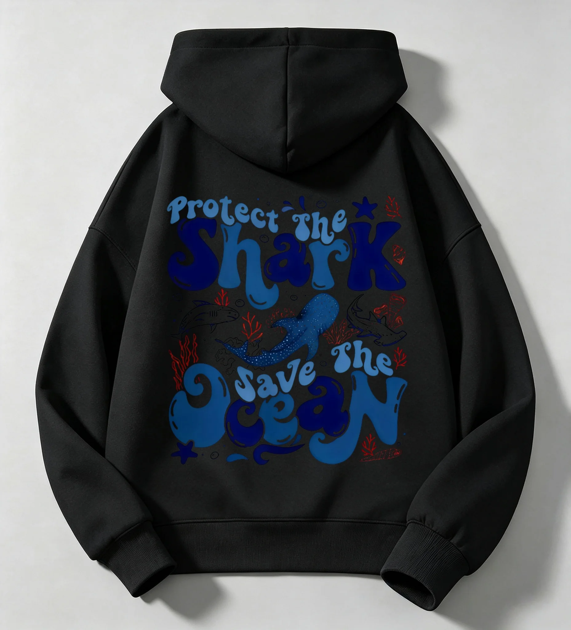 Y2K Warm Kids Hooded Sweatshirt, Cute Shark Ocean Theme Print Hoodie for Boys Girls Autumn Winter