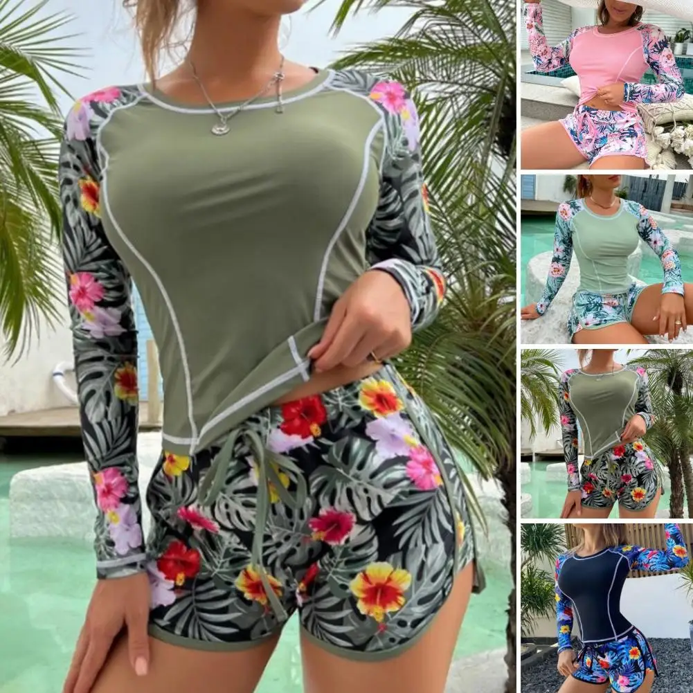 

Two-piece Swimsuit Women Swimsuit Set Floral Print Long Sleeves Swimsuit Set for Women with Drawstring Elastic Waist Shorts