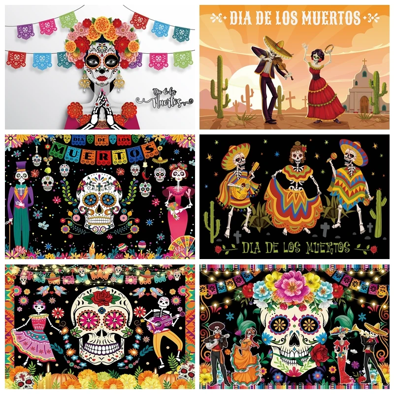 Mexico Day Of The Dead Backdrop for Mexican Fiesta Sugar Skull Dress-up Party Supplies Photographic Background Photo Booth Shoot