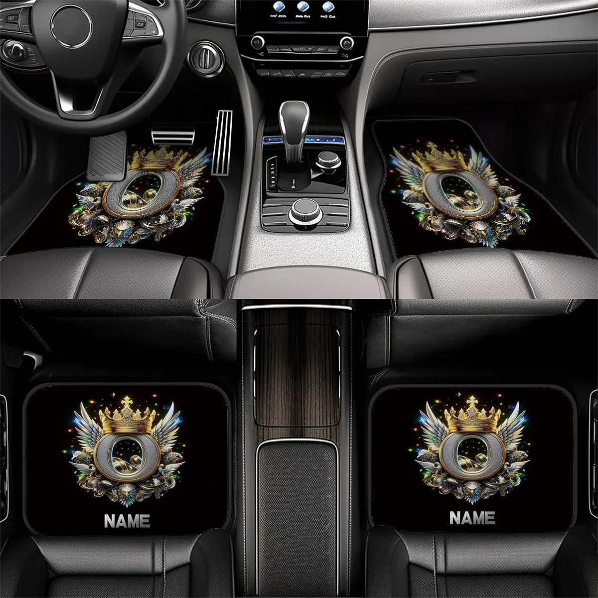 Set Of 4 Custom Name Car Floor Mats Featuring The Letter O And Crown Wings, Uniquely Designed For Personalization - Easy To Clea