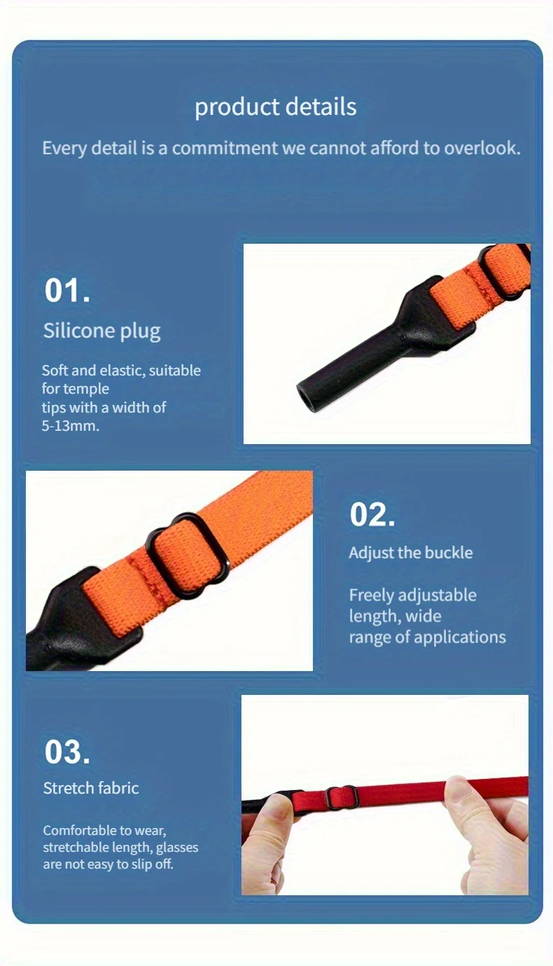 Buntes elastisches Seil, Polyester, Silikon, Metall, Brillenband, rutschfest, für Erwachsene, Rahmenbefestigungszubehör – Detail 4
