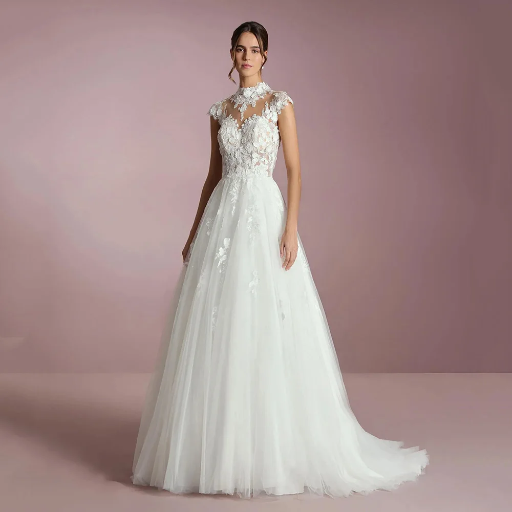 

2025 High Neck Wedding Dresses Illusion Lace Luxury Open Back Ball Gown Bridal Dresses Tulle Appliques Brides Gown Customized