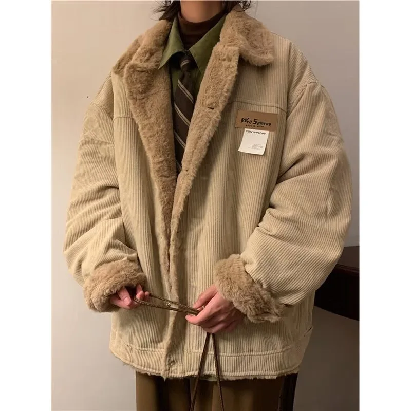 

2023 Autumn/Winter American Retro Single breasted Parka Women's Casual Corduroy Fashion Warm Thick Solid Coat