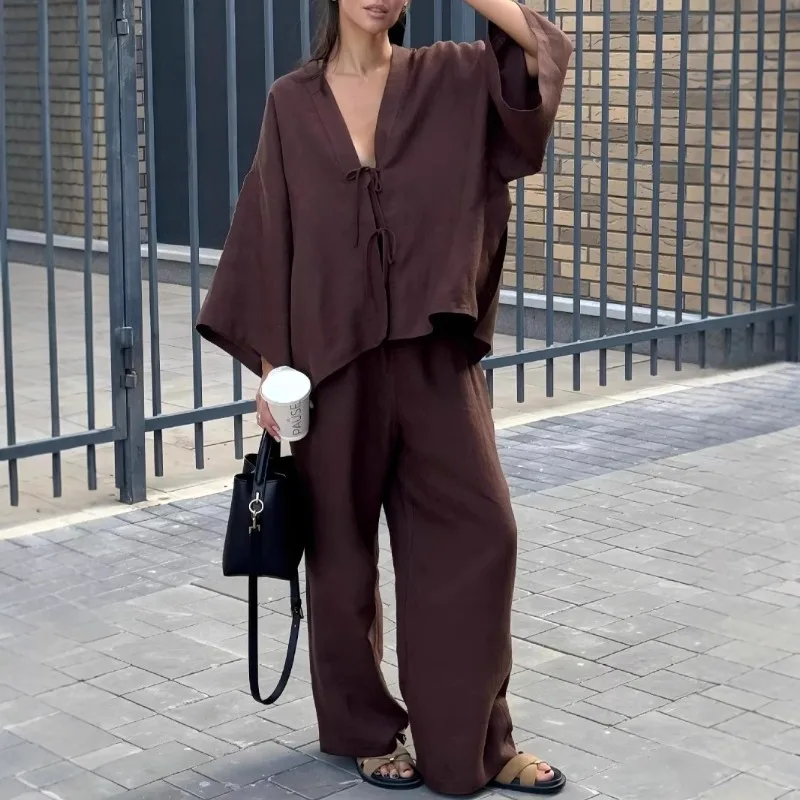 

Random and lazy feeling, new spring and summer casual pure cotton suit lace-up bat sleeve top wide-leg pants women's clothing