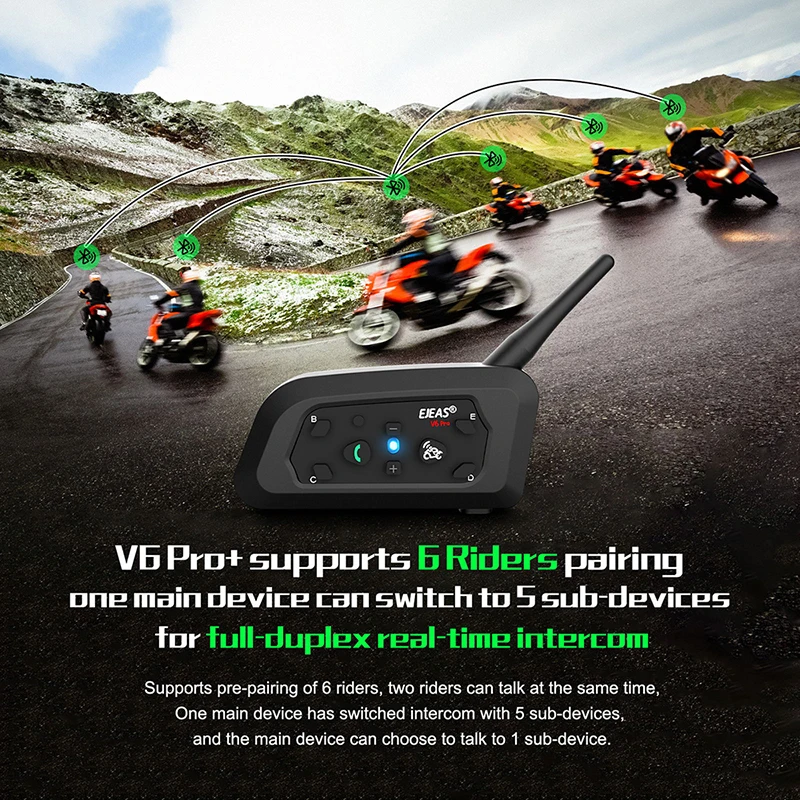 Ejeas v6 pro capacete interfone fone de ouvido da motocicleta bluetooth 1200m interfone comunicador duplex completo para 6 pilotos ip65 à prova dwaterproof água