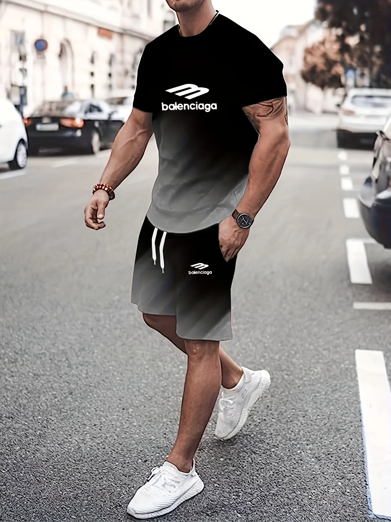 New Brand Summer Casual Wear 3D Men\'s Gradual Change T-shirt + Shorts Sports Two-piece Set Personalized Fashion Trend Men\'s Suit