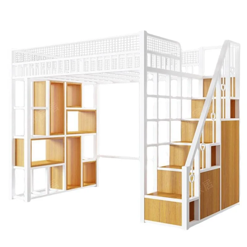 Appartamento moderno nordico, loft duplex salvaspazio multifunzionale, letto rialzato superiore e inferiore in ferro battuto con scaletta