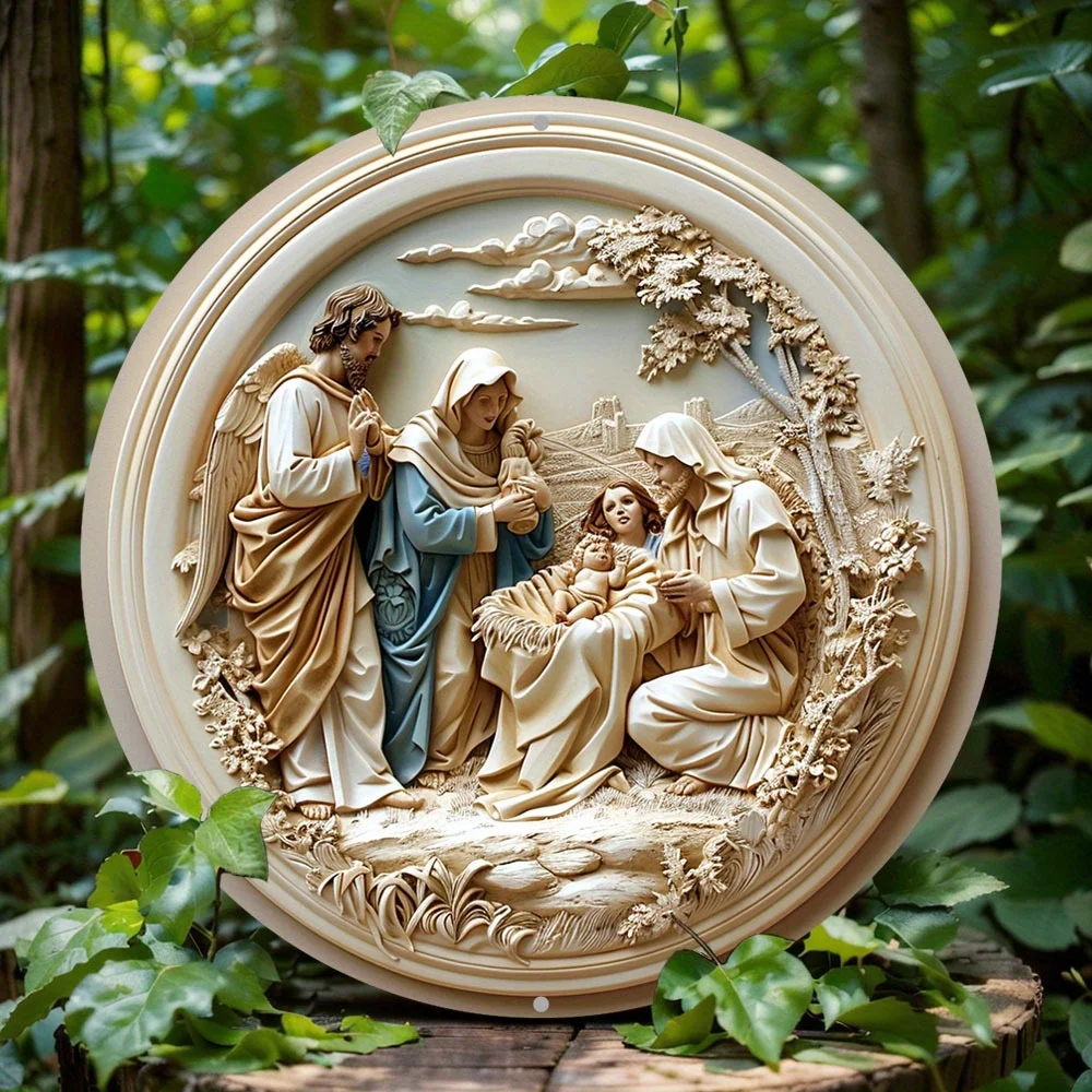 둥근 알루미늄 금속 장식 표시, 2D 평면 인쇄, 성탄절 테마 화환, 벽 장식, 선물 아이디어, 집, 카페