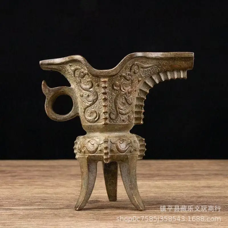 Vintage Shang and Zhou Bronze Jue Cup with Embossed Dragon Pattern, Chinese Wedding Props, Home Decorative Bronze Ware Wholesale