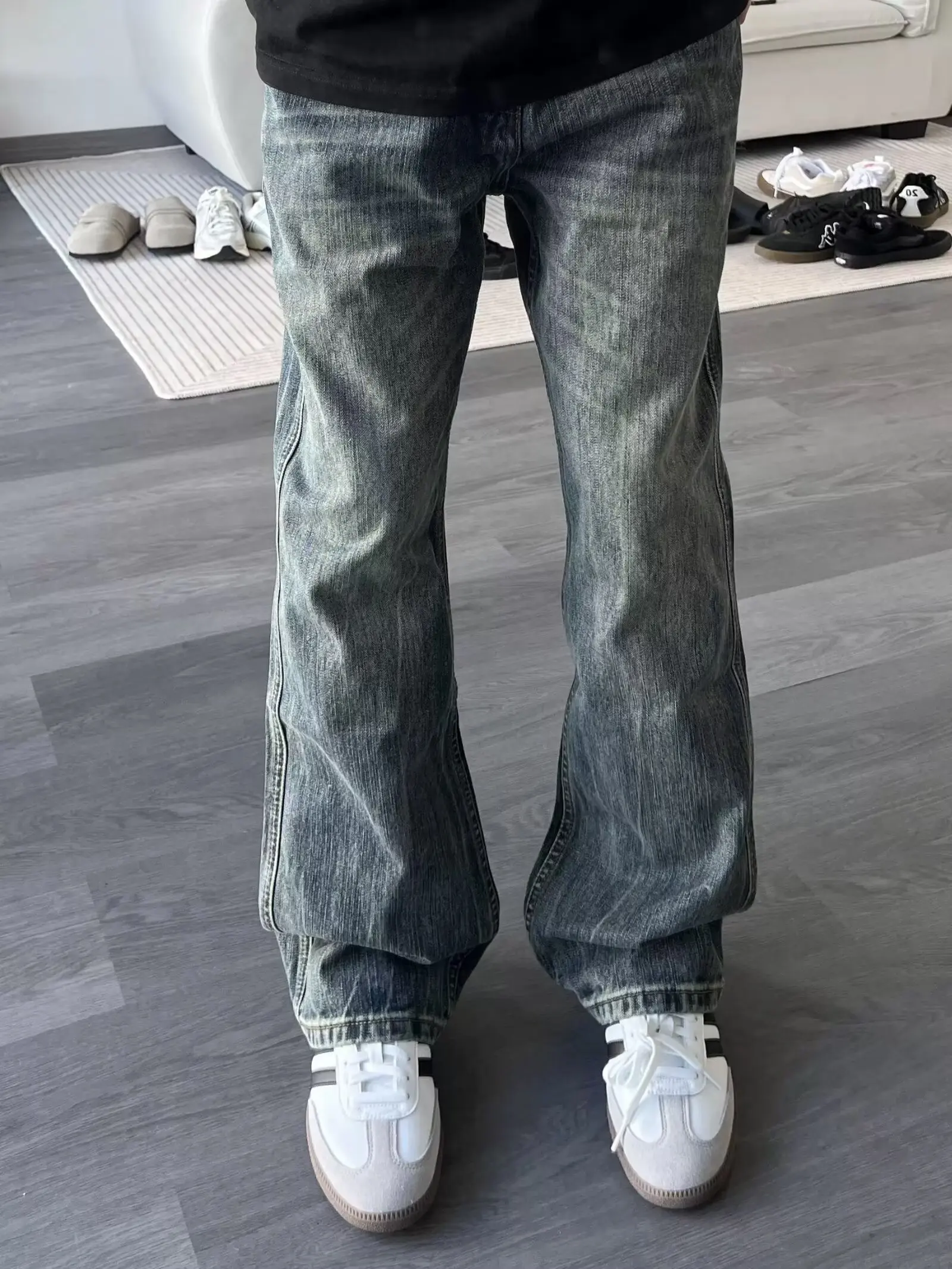 

Мужские джинсы в стиле ретро, американские, с эффектом потертости, расклешенные, прямого кроя, зауженные, повседневные, осенне-зимние, модные, длинные брюки