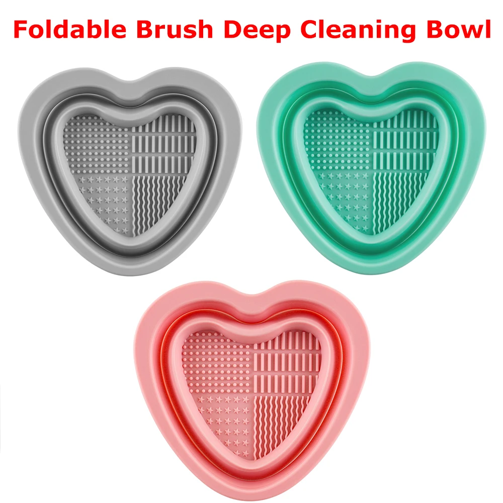 

2-in-1 Collapsible Silicone Heart Bowl Foldable Brush Deep Cleaning Mat Different Texture for Crafty Brushes Cleaning 2022