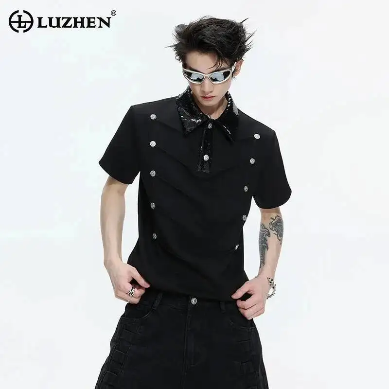 

LUZHEN 2026 Summer Sequin Splicing Lapel Buttoned Decorate Pleated Design Short Sleeve T-shirts Men's Fashion Casual Tops JY6857